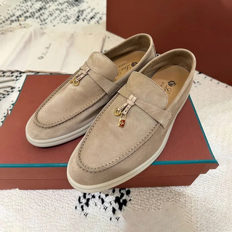 Summer Walk Genuine Leather Casual Slip-On Loers Women's Faion Single oes Comfortable round Toe Flat Heel All-Match Color