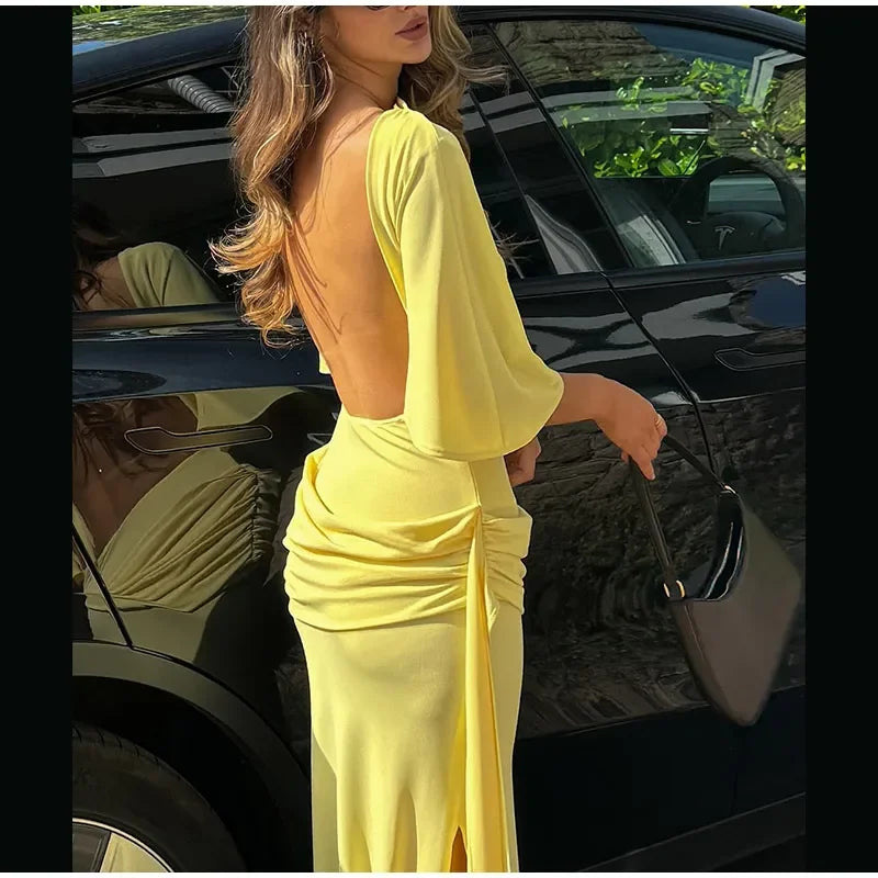 Irregular Yellow Backless Maxi Dress Women's Elegant Half Sleeve Split Slim Fit Pleated Robes 2025 Lady Evening Party Gowns New