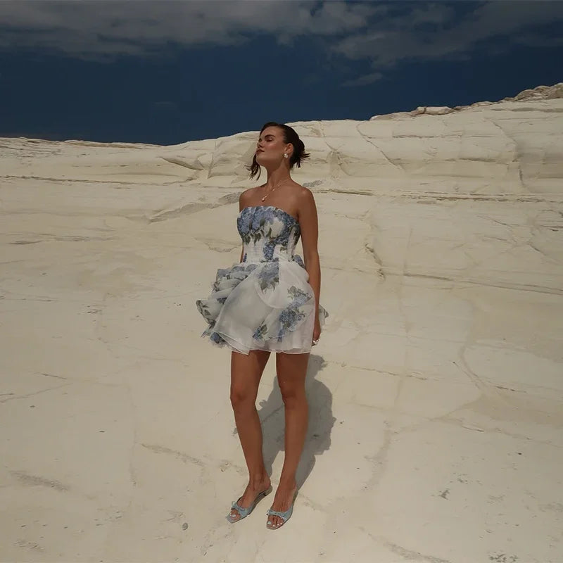 Chic Elegant Floral Printed Mini Dress Women Backless Sleeveless A Line Strapless Robes Pleated Hem Party Vestidos Lady Clorhing