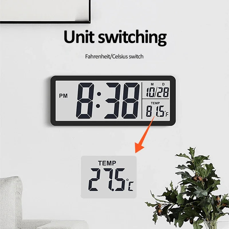 LCD Digital Wall Clock Time with Date Temperature Display Electronic Alarm Clock Modern Table Clock for Bedroom Home Decoration