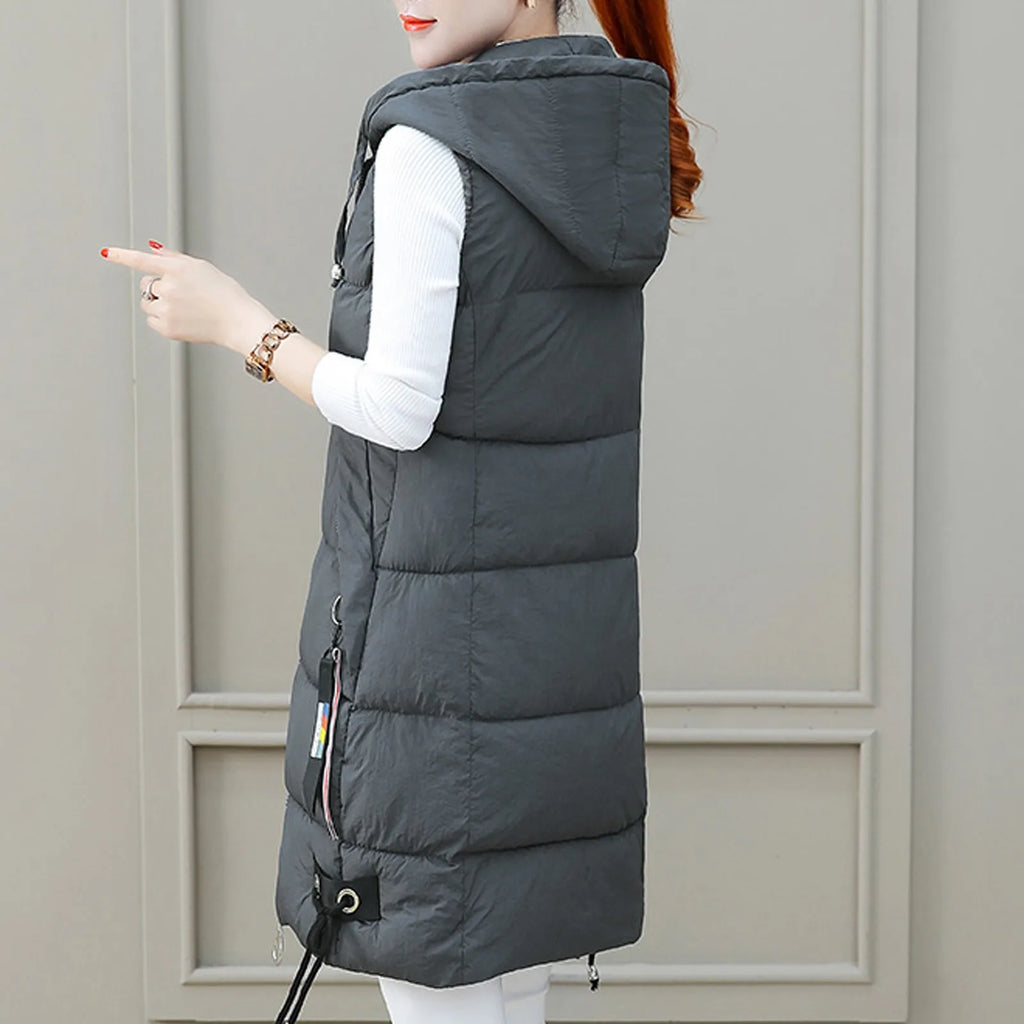 Women'S Autumn And Winter Temperament Sleeveless Cardigan Mid-Length Cotton Vest Vest Coat Abrigos Mujer Invierno Chamarras Muje
