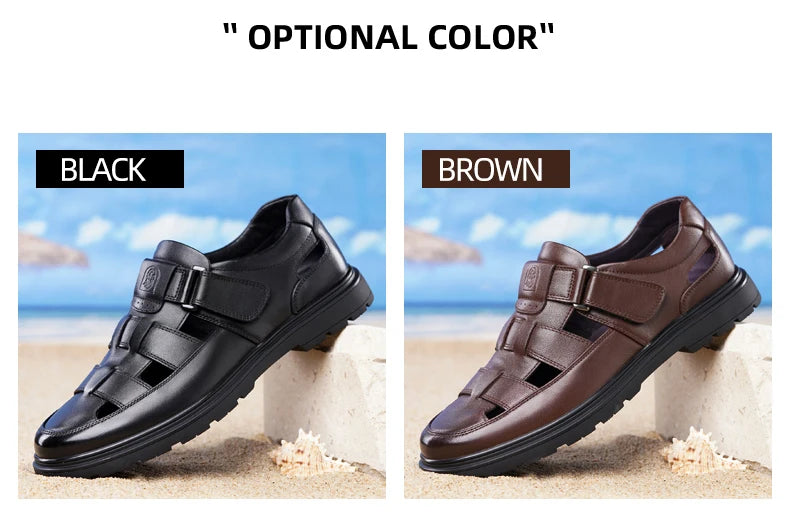 LAORENTOU leather sandals, men's breathable hollow hole shoes, toe wrapped cowhide, anti slip and wear-resistant casual  shoes