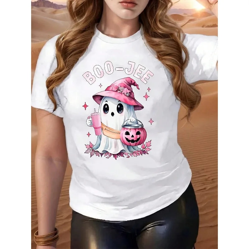Women's Boo Jee Anime Pumpkin Pattern Cotton T-shirt Casual Round Neck Pink Halloween Cotton Loose Women's Round Neck T-shirt