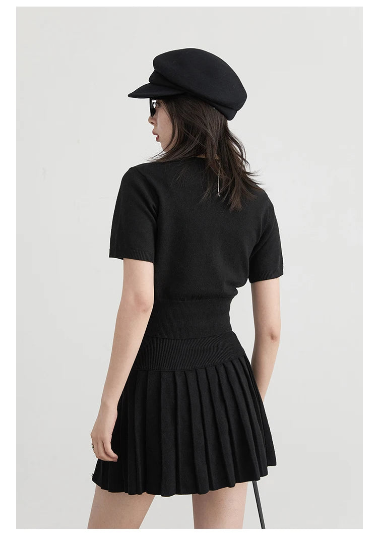 CHIC VEN Women Skirt Sets Solid Knitted Cardigan Short Sleeved Top Female Pleated Skirt Three Piece Optional Spring Autumn 2024