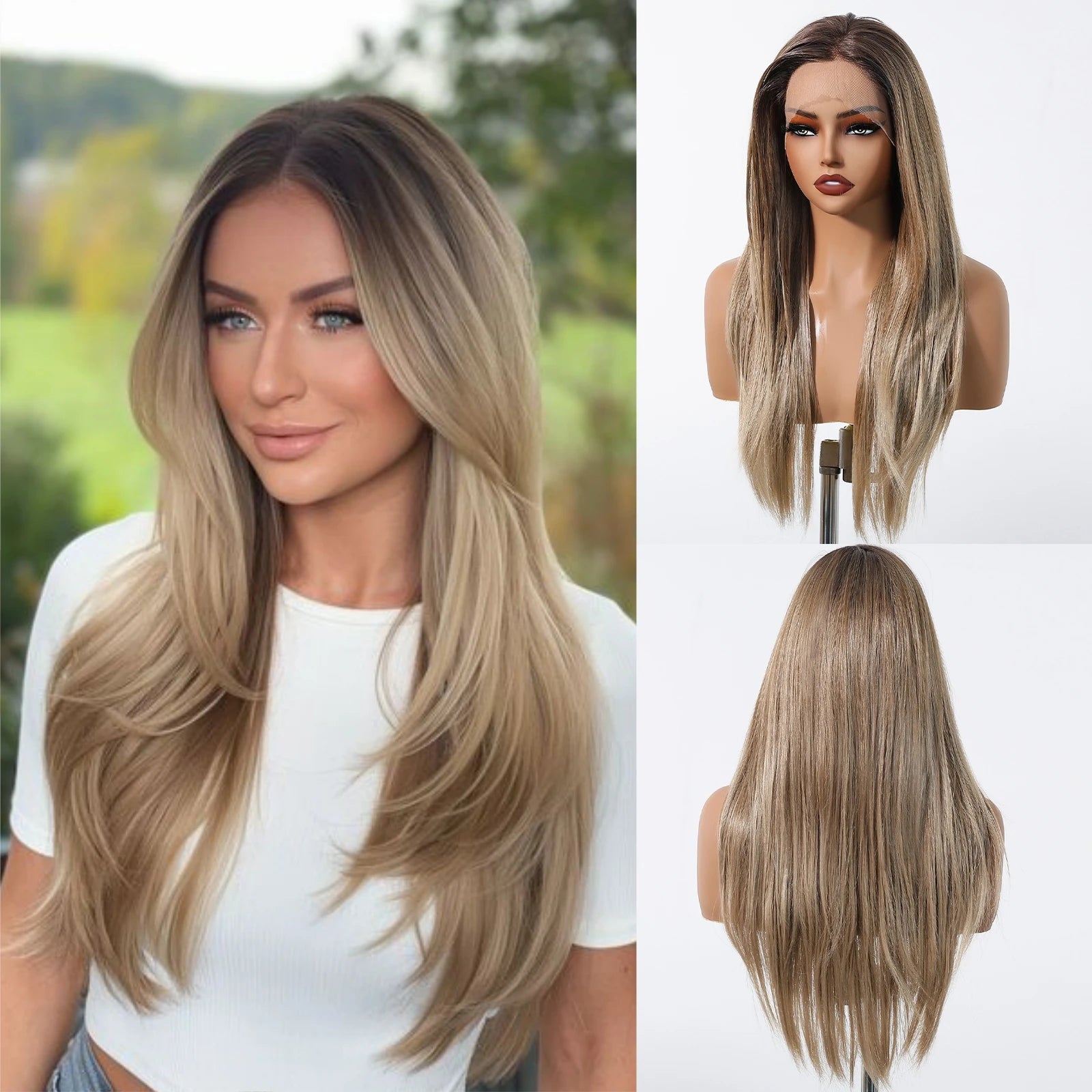 HD 13x6 Lace Frontal Wigs Ombre Brown Synthetic  Hair Long Straight Wigs Daily Use Party Wig for White Women Heat Resistant
