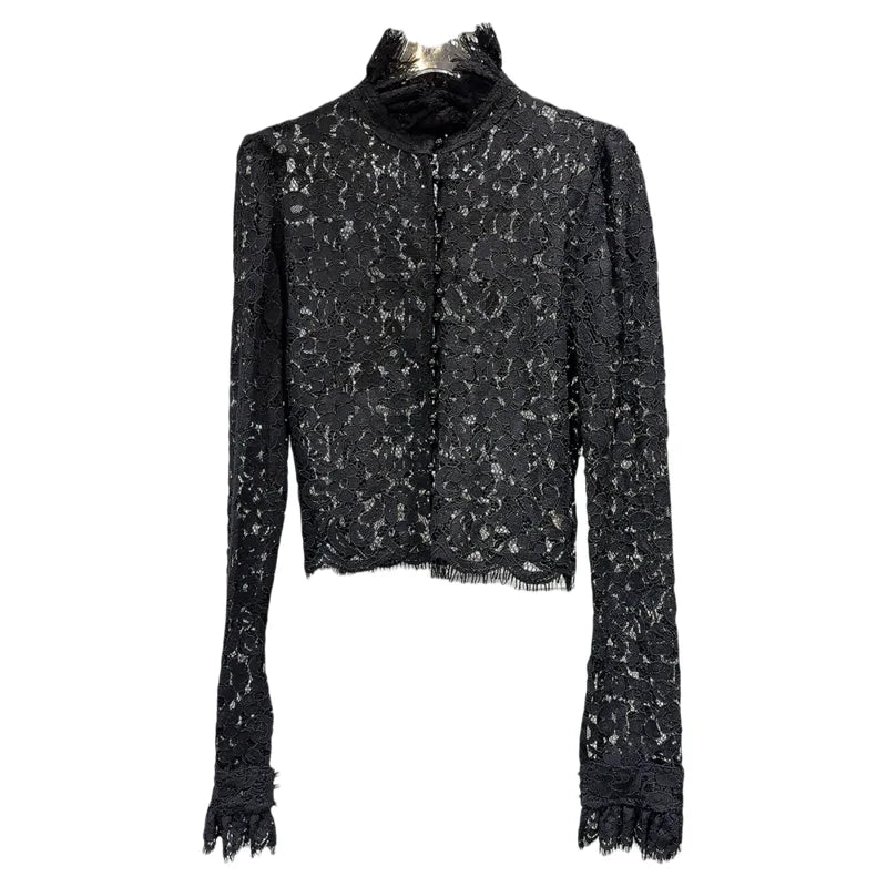 KTCZ Solid Spliced Lace Hollow Out Blouse For Women Long Sleeve Single Breasted Patchwork Print Minimalist Chic Blouse Female