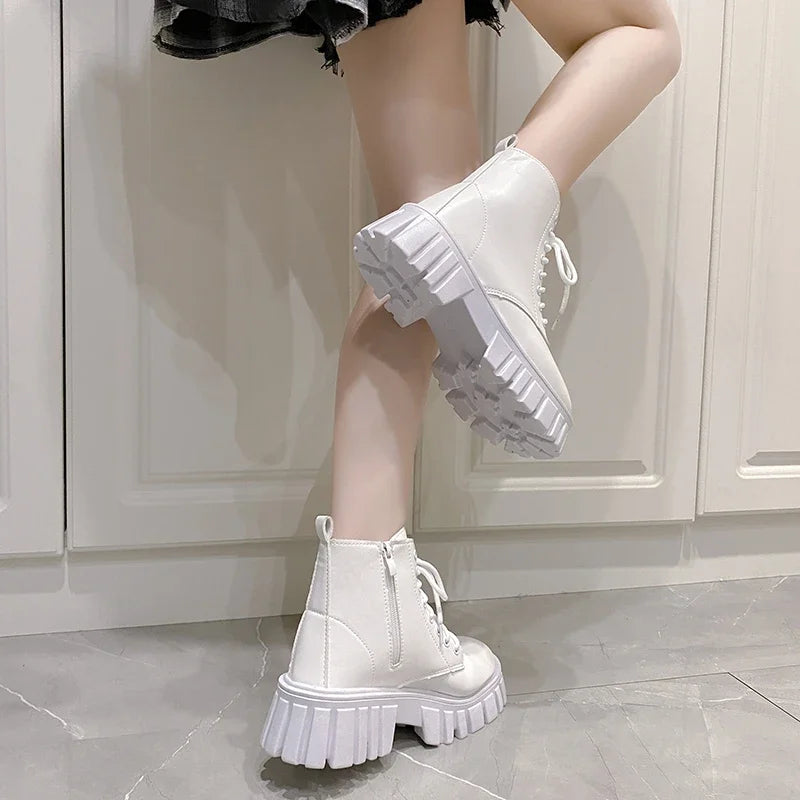 2024 White New Women Ankle Boots  Autumn Winter Platform Zipper Women Punk Boots Thick Sole Lace Up Combat Booties Female Mujer