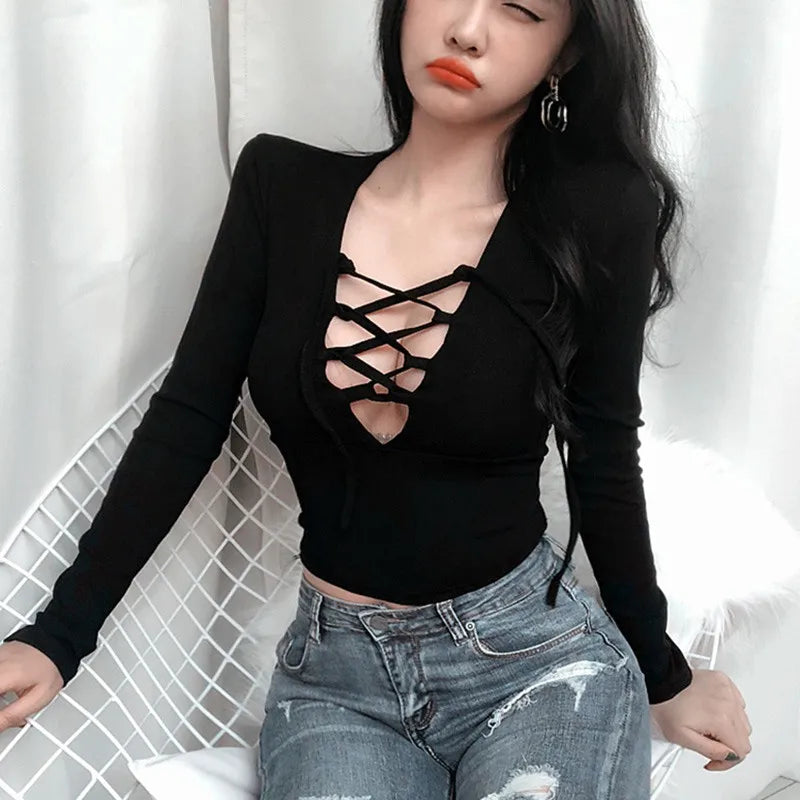 Women's T Shirt Hollow Exposure Navel Long-sleeved Short Crop Top Black