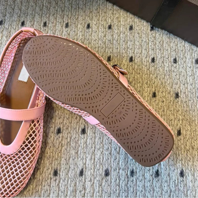 Mesh Buckle Ballet Shoes For Women, High Version 2025 Fairy Hollow Flat Bottom Pink Fishing Net, Mary Jane Single Shoe