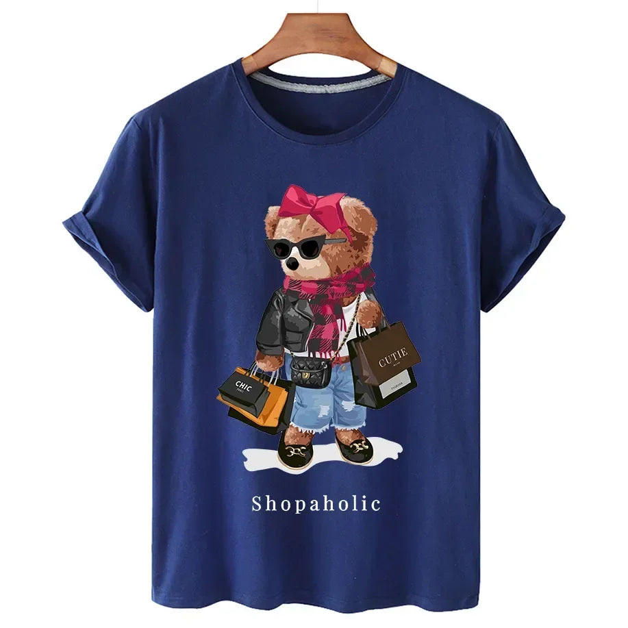 Shopaholic Bear Funny Cute Top Camisetas Black Ladies T-Shirts Aesthetics Graphic White Short Sleeve Polyester Women's T-shirt