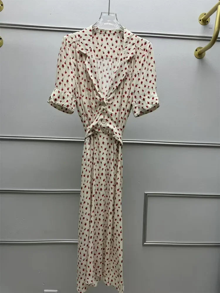 Women's Rose Printed Dress Prairie Chic Spring Summer Lady Short Sleeve Turn-Down Collar Waist Lace-Up Robe