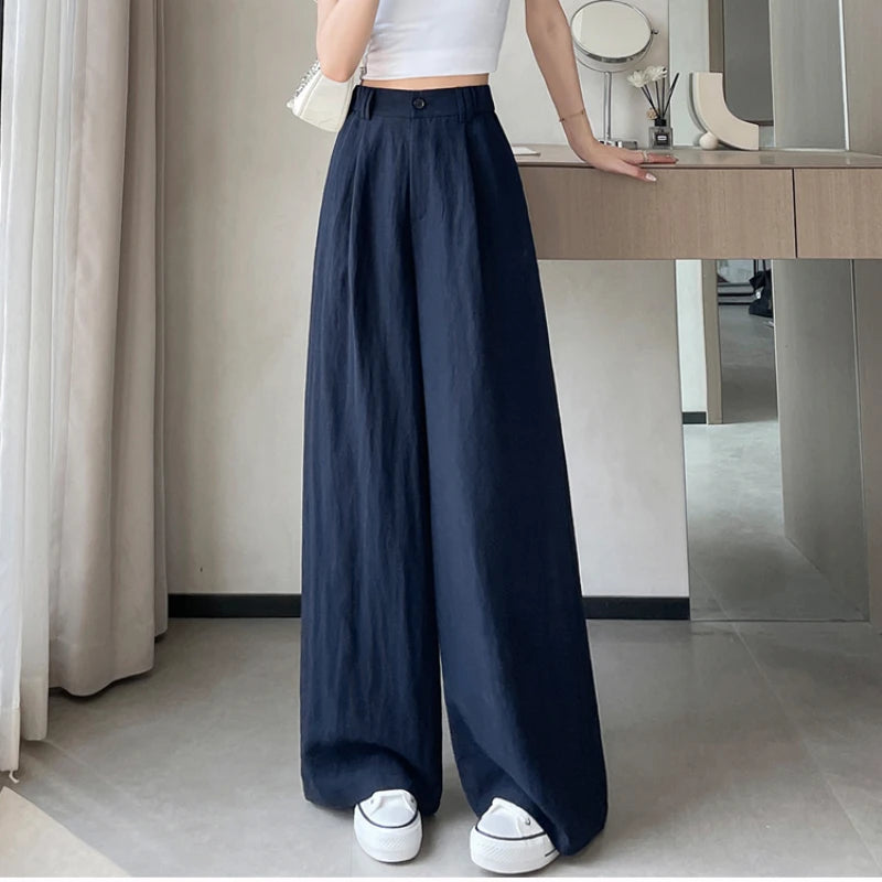 2025 Summer New Cotton and Linen Women's Wide Leg Pants Solid Ice Silk High Waist Straight Casual Loose Suit Trousers Female