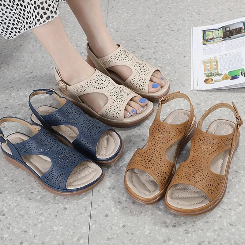 Low Sandals Woman Leather Female Shoe Clogs Wedge Large Size Low-heeled Fashion Girls Platform Big Beige Retro  Comfort Scan