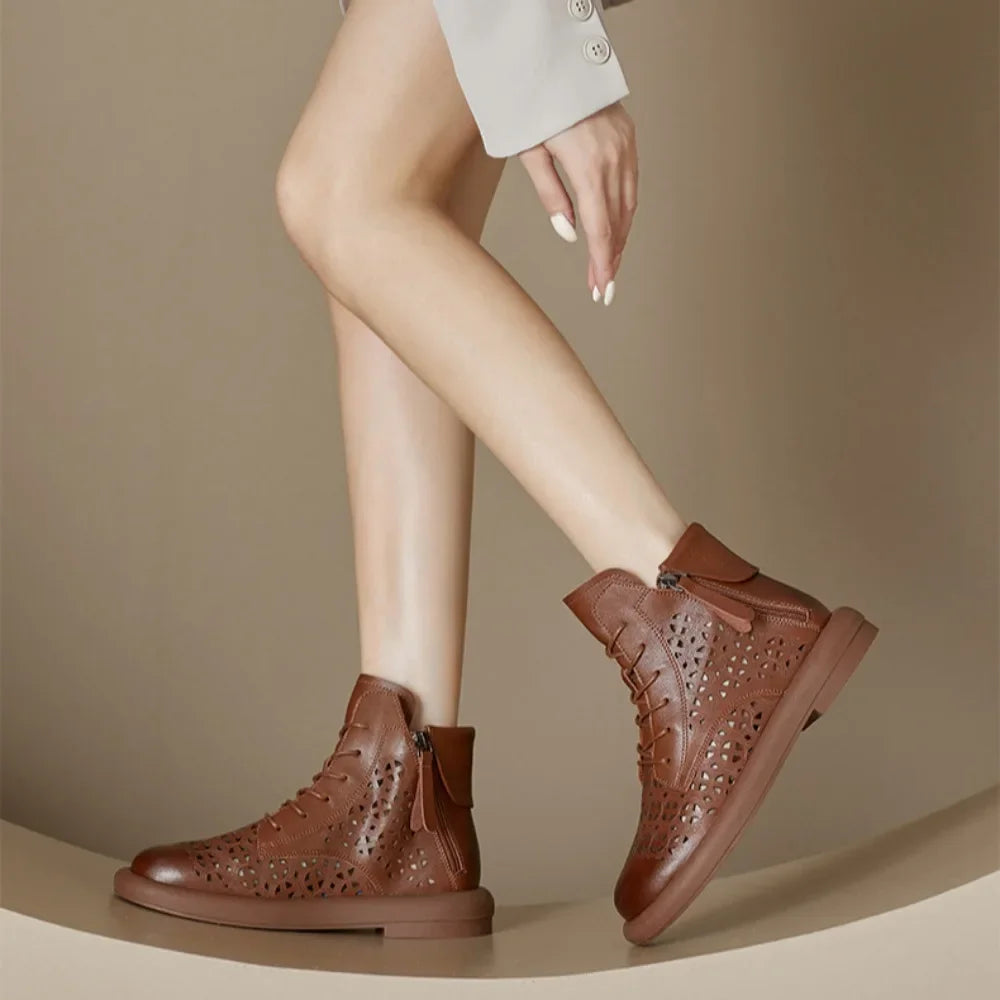 Leather Boots Woman 2025 Retro Leather Hollow Boots for Women Platform-soled Double-side Zipper Casual Short Boots Women's Shoes