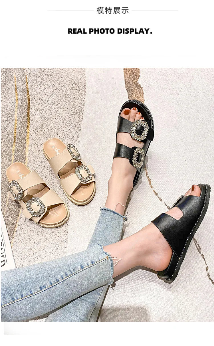 2025 Brand Rhinestone Buckle Sandals Women Double Band Slippers Crystal Shoes Ladies Casual Slides Slip On Flat Heels Flip Flops