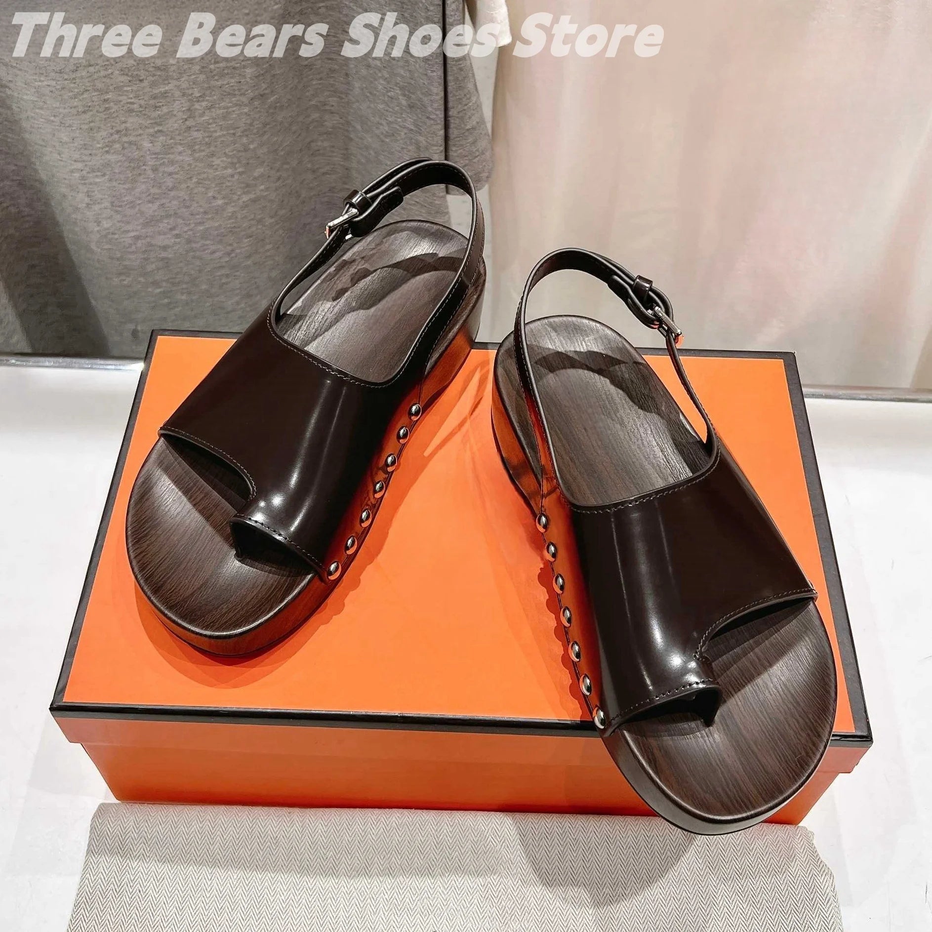 Concise Rivet Cow Leather Sewing Back Strap Flip Flops Woman Sandals Mixed Colors Open-Toes Platform Heels Zapatos Mujer 34-42