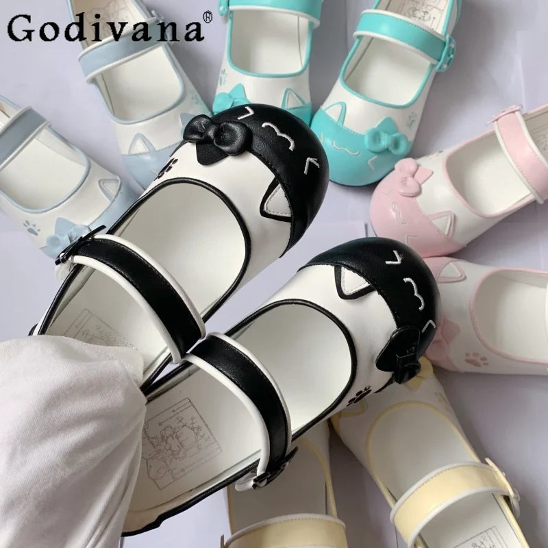 Original Lolita Japanese Simple Bow Flat Shoes Round Head One-word Buckle with Cute Girl Color Matching Mary Jane Indoor Shoes