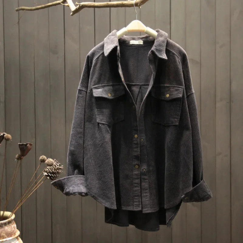 Vintage Artistic Corduroy Shirt Women's Long Sleeve Korean Version Loose Fit Slimming Base Layer Top Spring Autumn New Jacket