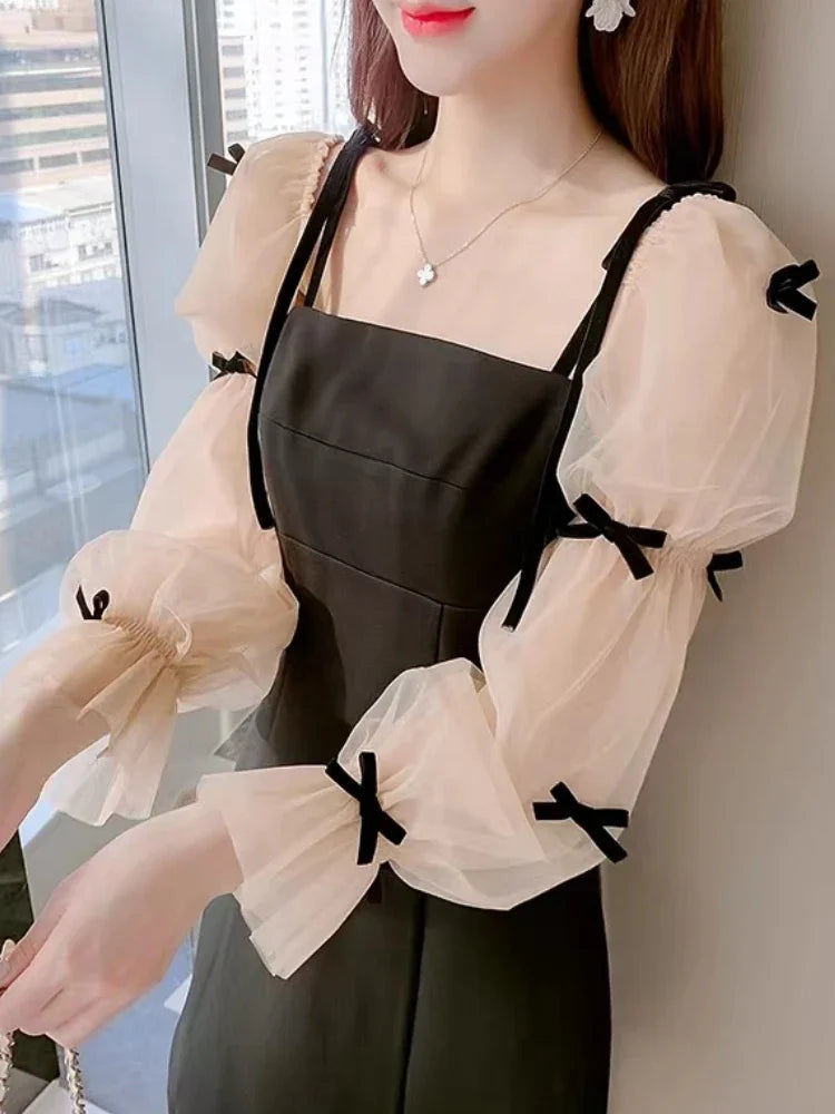 Flare Sleeve Evening Dress for Women Black Elegant Bow Mesh Patchwork Luxury Temperament Famous Lady Aesthetic Платье Женское
