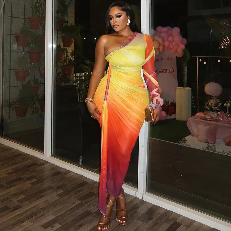 CM.YAYA Summer Women One Full Sleeve Tie Dye Print Midi Dress High Side Split High Waist Night Club Party Dresses Vestidos