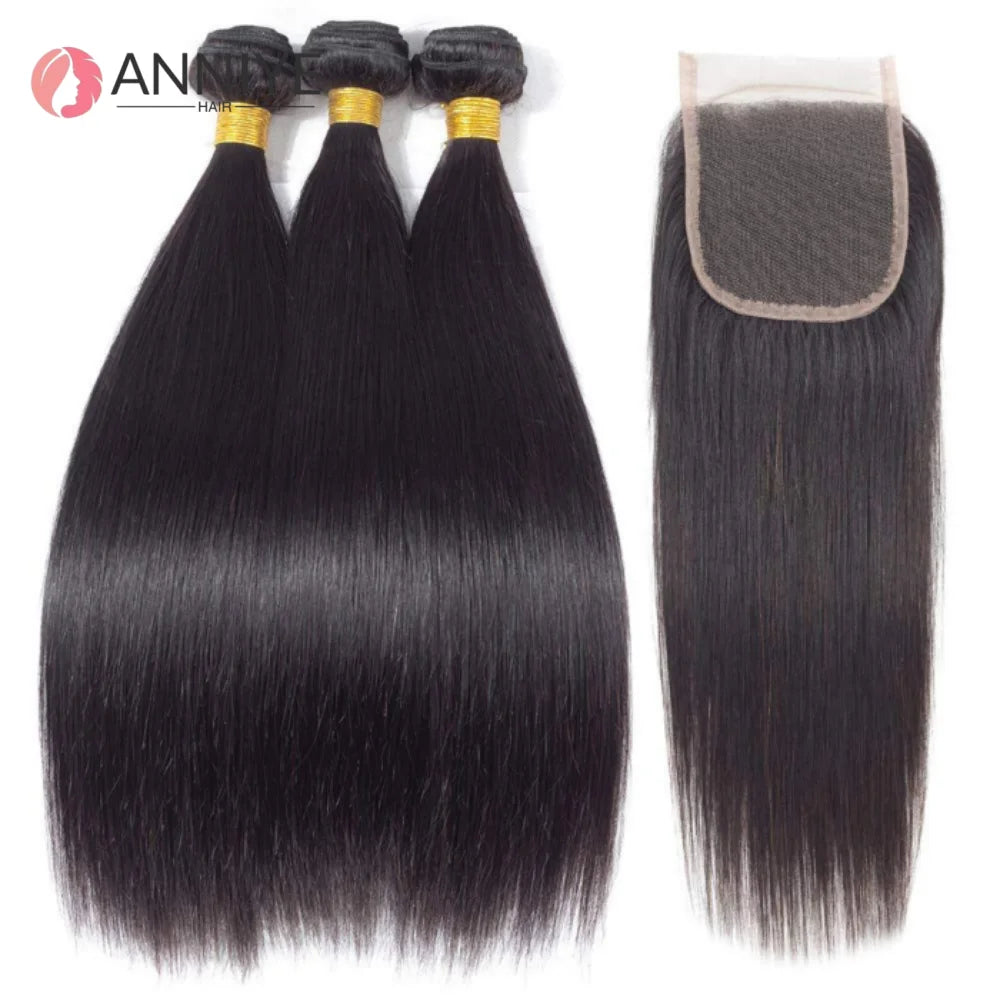 Raw Indian Straight 3 Bundles With 4x4 HD Lace Closure Frontal Human Hair Double Weft Natural Color Hair For Black Women ANNIYE