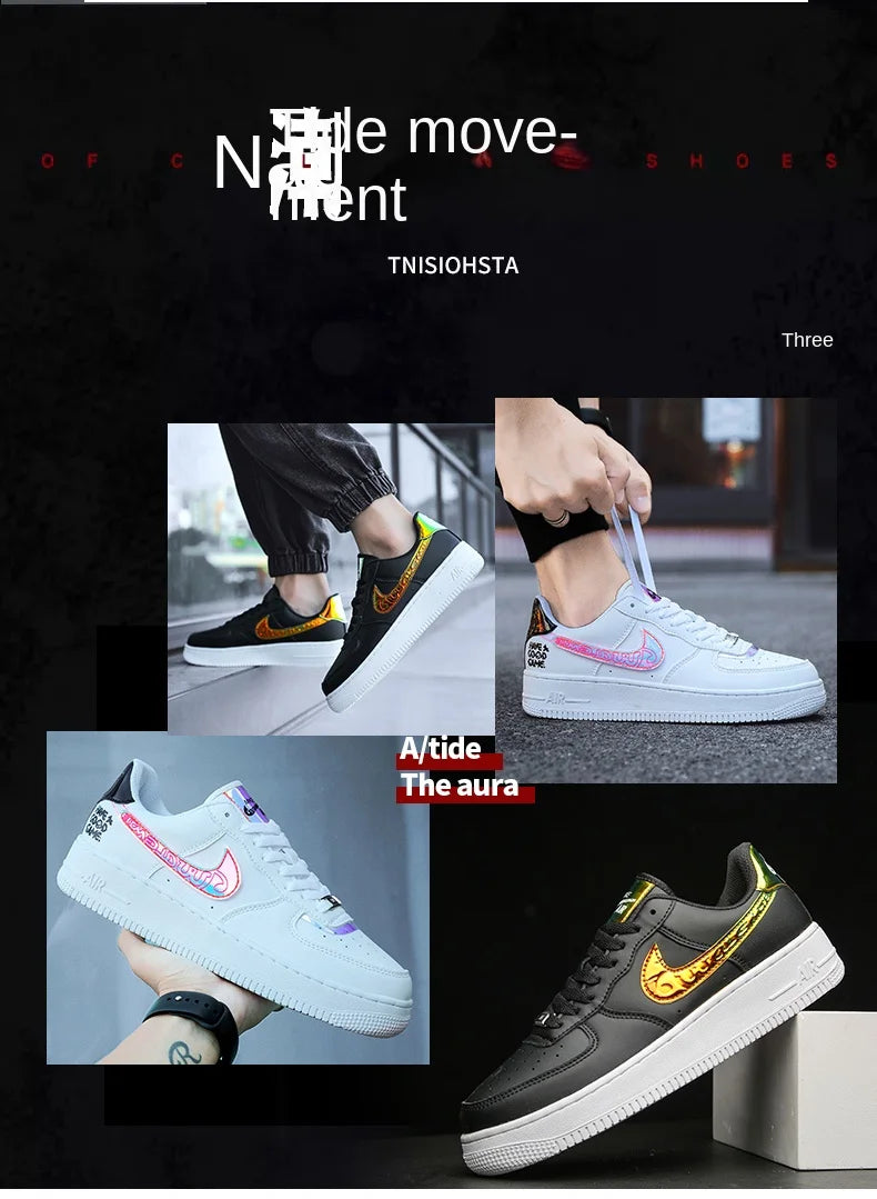 Aj1 Men's Air Force One Men's Shoes Video Game Pixel White Laser Joint Low-Top Sneakers Casual White Shoes