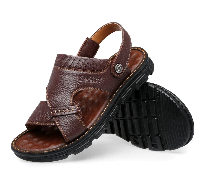 LAORENTOU cowhide breathable outdoor leisure beach shoes, anti slip thick sole leather sandals for external wear