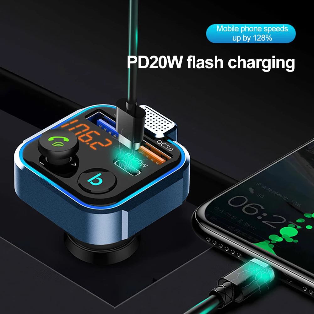 Car Bluetooth FM Transmitter PD Type-C Dual USB 4.8A Fast Charger Handsfree Radio Modulator MP3 Player Support TF card