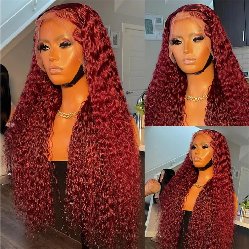 40Inch 99J Burgundy Water Curly 13x4 Glueless Lace Frontal Wig 250% Deep Wave HD Transparent Lace Front Wig Human Hair For Women