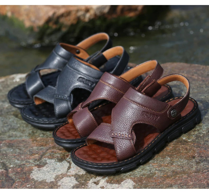 LAORENTOU cowhide breathable outdoor leisure beach shoes, anti slip thick sole leather sandals for external wear