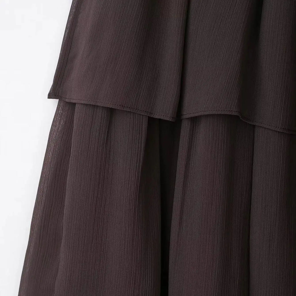 New High Street Women Brown Ruffled Pleated Midi Skirt High Elastic Waist Female Chic Lady Long Skirts