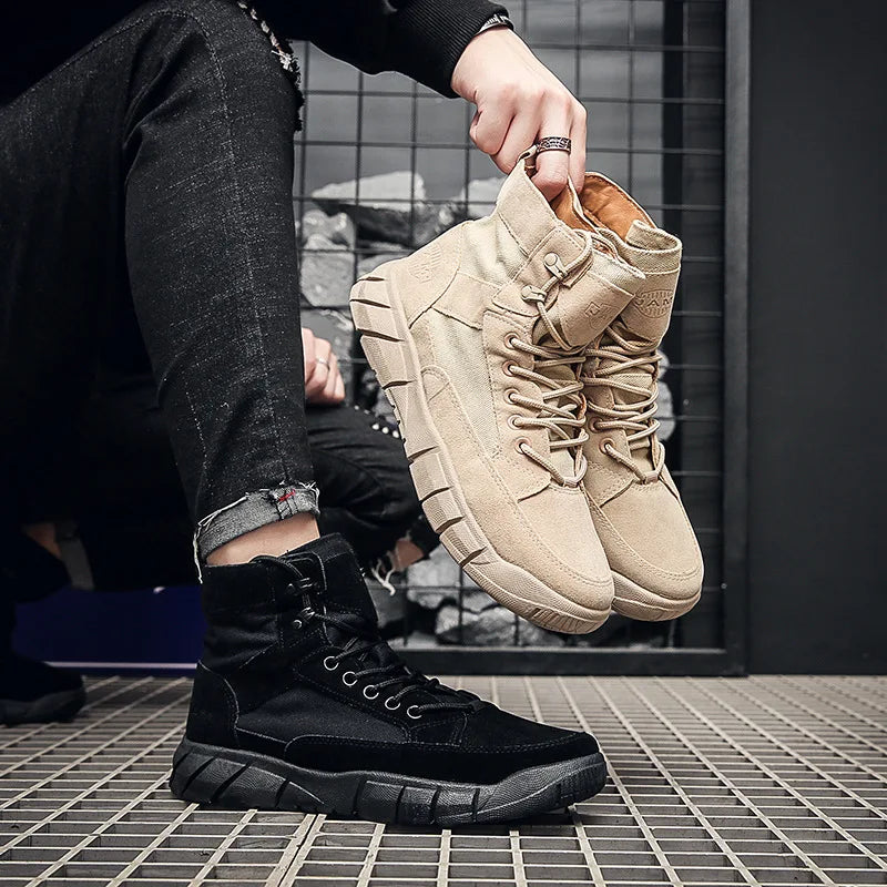 Fashion Boots Men Autumn Early Winter Shoes Flat Thick Sole Mens Ankle Boots Brand Male Footwear Black Beige KA4873