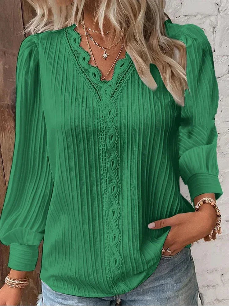 Stitching V-neck Long Sleeve Women's Pullover Chiffon Shirt Lace Stitching Shirt Loose Fall Top Simple Elegant Street Blouse