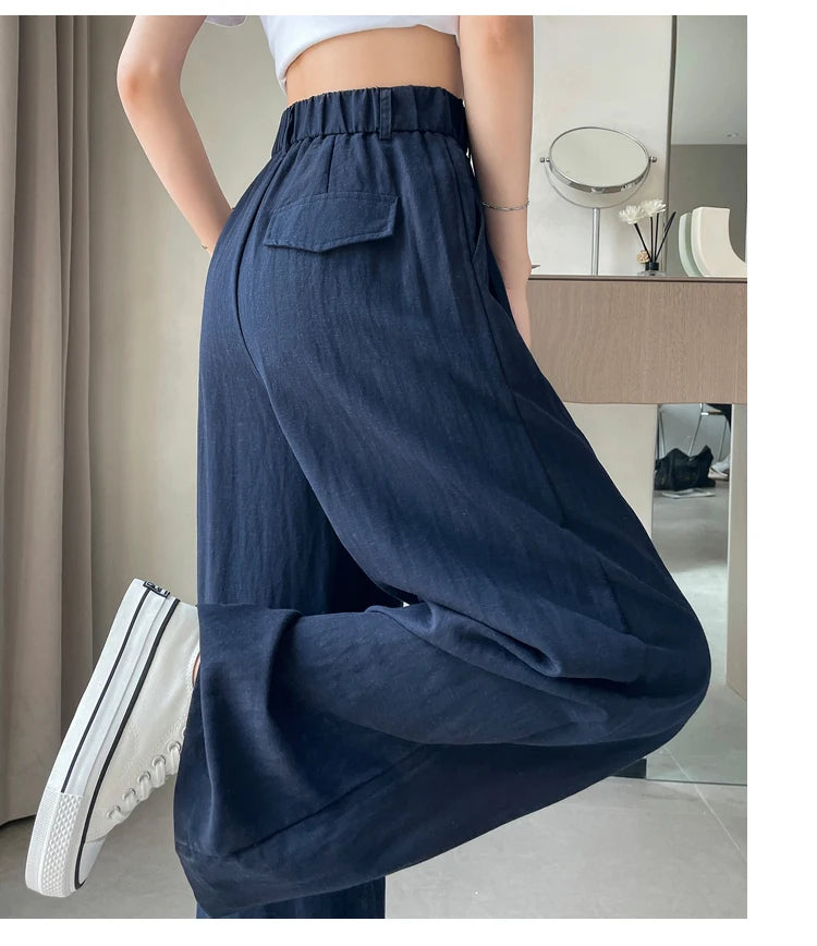 2025 Summer New Cotton and Linen Women's Wide Leg Pants Solid Ice Silk High Waist Straight Casual Loose Suit Trousers Female