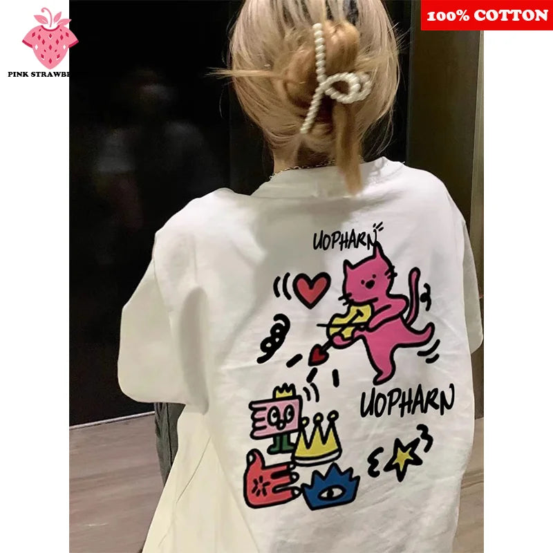 ins Cute Cartoon Print T-shirt Women's Summer 2025 New 100% Cotton Short sleeves American style T-shirt Y2k Top Female clothing