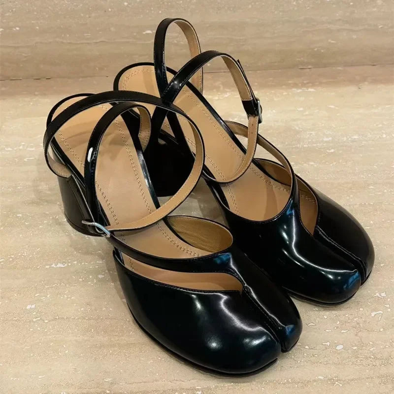 Ins style Fashion Patent Leather Split Toe Women Pumps Spring Summer Thick High heels Slingbacks Female Tabi Chunky Casual Shoes
