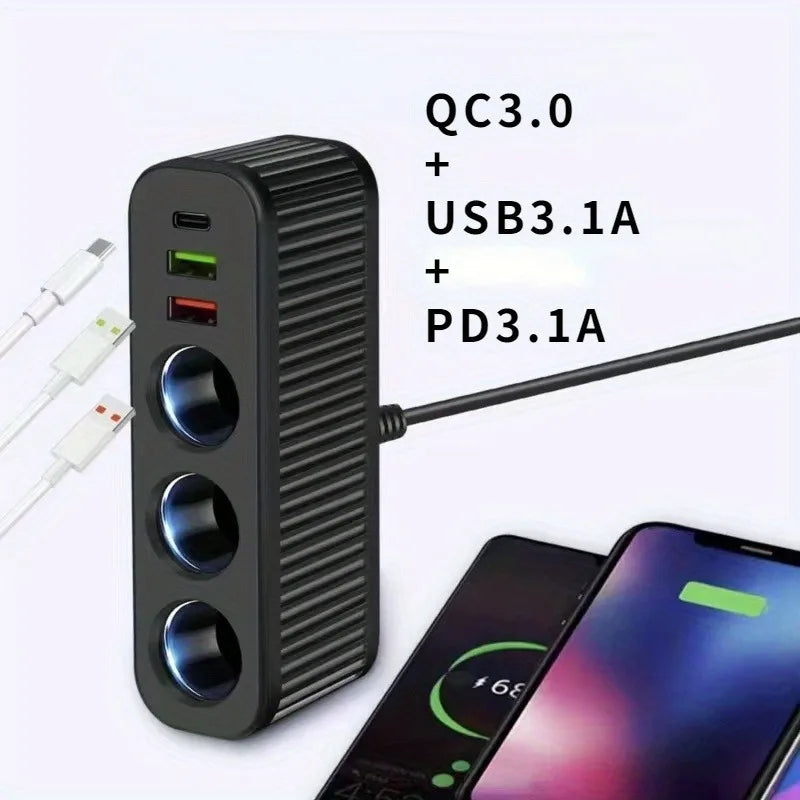 PD 120W Fast Charger 12V/24V Dual USB Quick Charge Power Adapter Charger One-to-four Multifunctional Socket Car Charger