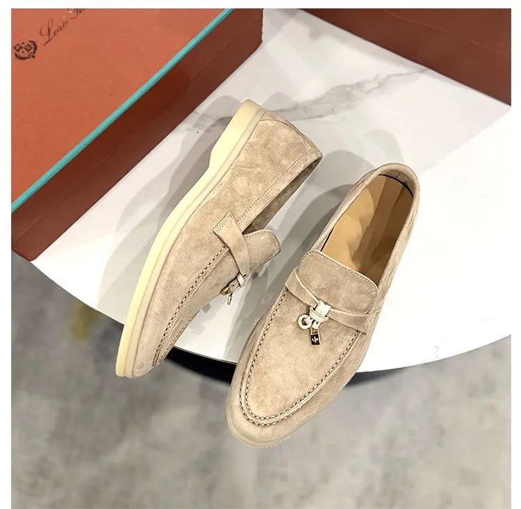 Summer Walk Genuine Leather Casual Slip-On Loers Women's Faion Single oes Comfortable round Toe Flat Heel All-Match Color