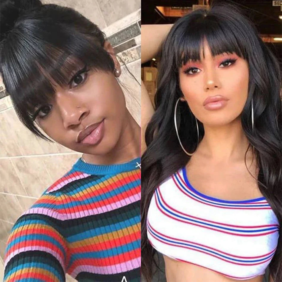 Body Wave Human Hair Wigs With Bangs Peruvian Cheap Glueless Wigs On Sale Clearance Full Machine Made Wig With Bangs For Woman