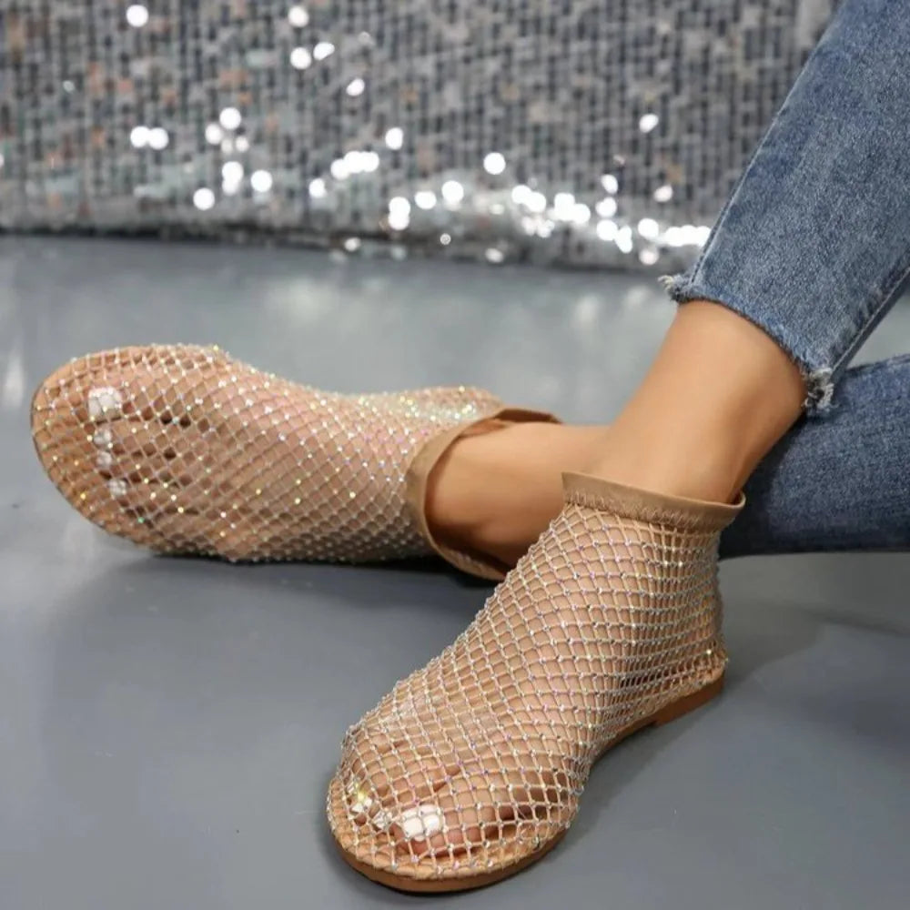 Fashion Holiday Rhinestone Sandal Slipper Non-Slip Flat Shoes Mesh Seaside Sandals Shiny Waterproof Sexy Ankle Boot Summer
