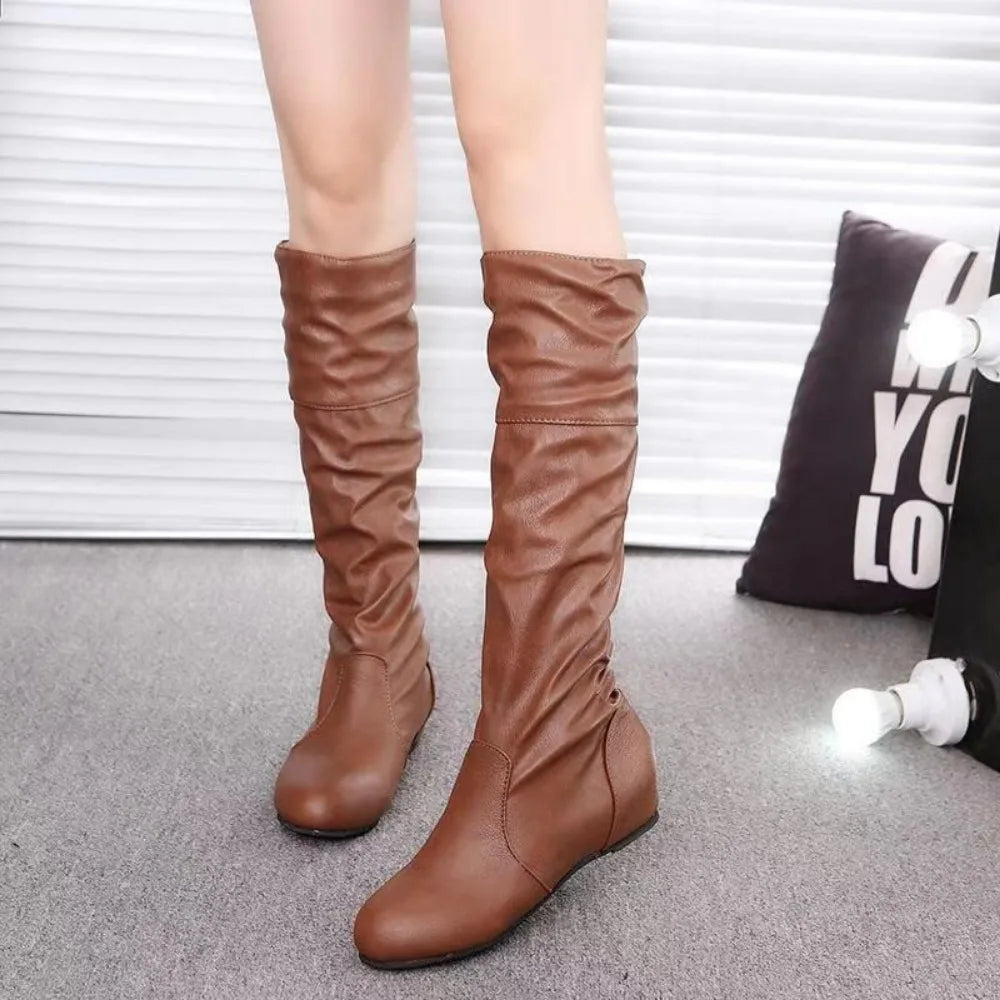 2024 Spring Autumn Mid-Calf Boots Women Flat Shoes Women High Boots Long Western Cowboy Boots Women Footwear Large size 35-43