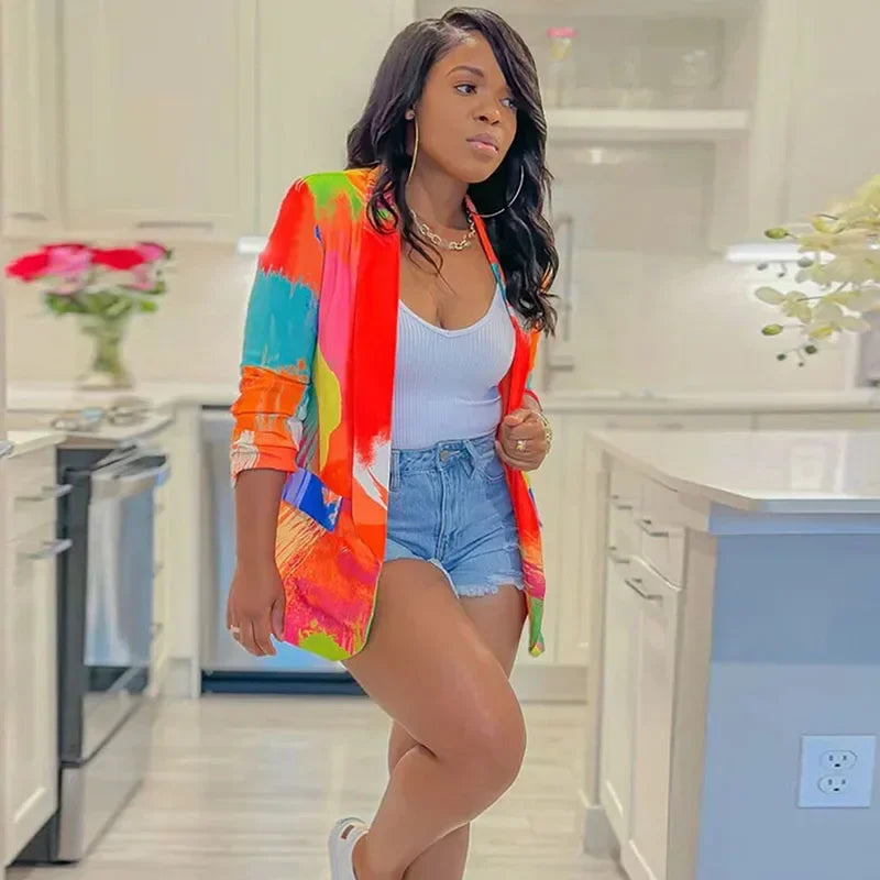 Streetwear Tie Dye Print Blazer Coat for Women Jacket 2023 Elegant Blazers Ladies Outerwear Stylish Y2K Tops Casaco Feminino