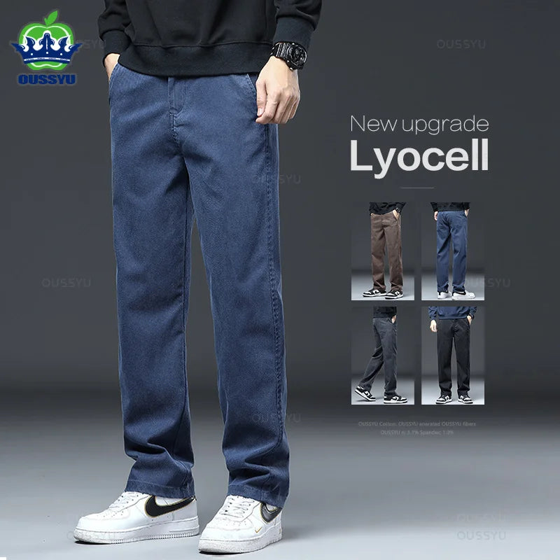 Spring Autumn New Upgraded Lyocell Fabric Jeans Men Loose Straight Elastic Waist Casual Denim Pants Trousers Male Large Size 5XL