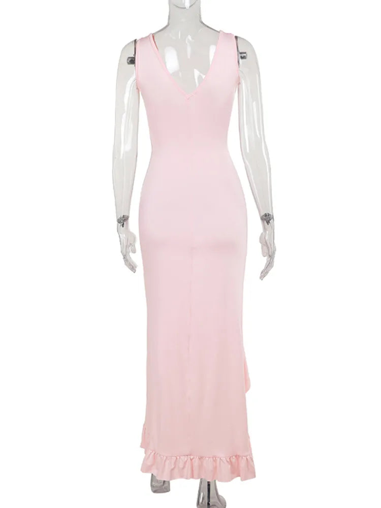 Mozision Elegant Sleeveless Ruffles Sexy Long Dress For Women Summer New Deep V Neck Backless Thigh High Split Maxi Dress