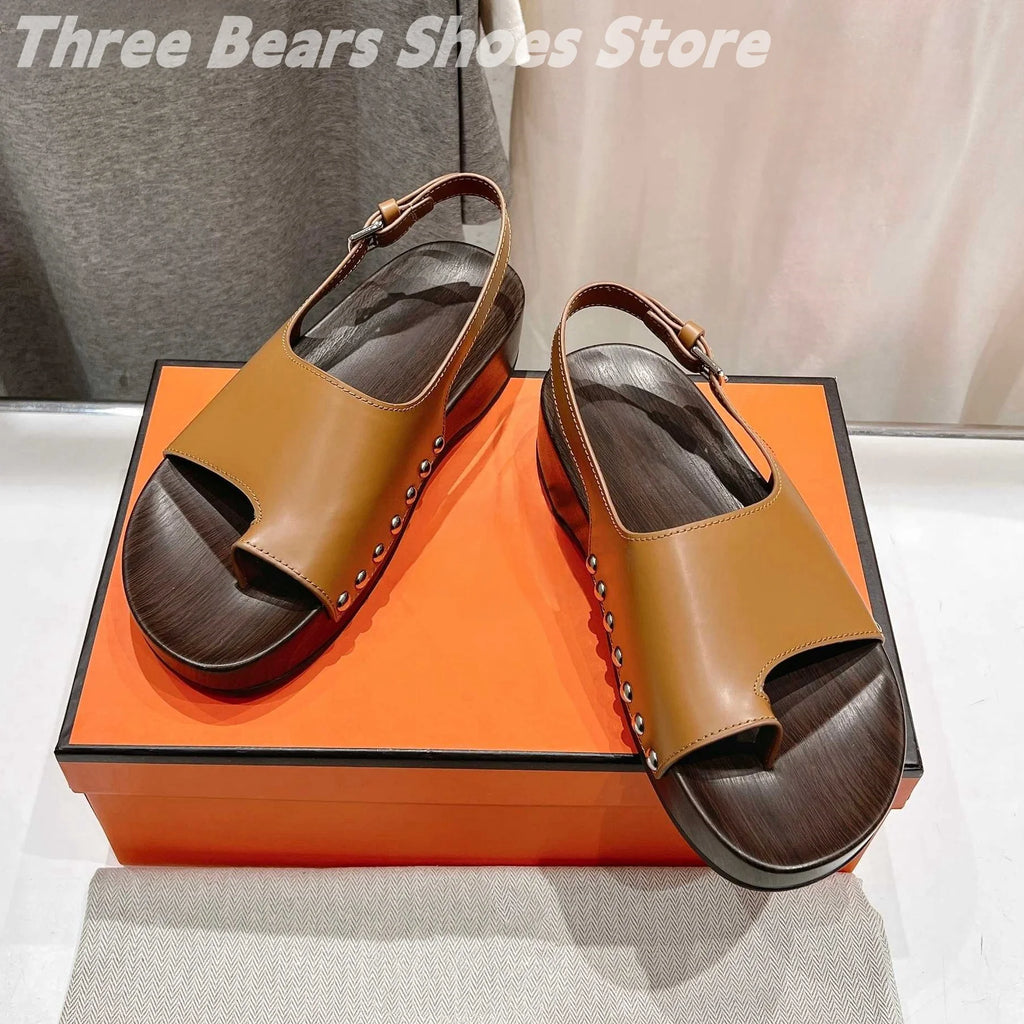 Concise Rivet Cow Leather Sewing Back Strap Flip Flops Woman Sandals Mixed Colors Open-Toes Platform Heels Zapatos Mujer 34-42