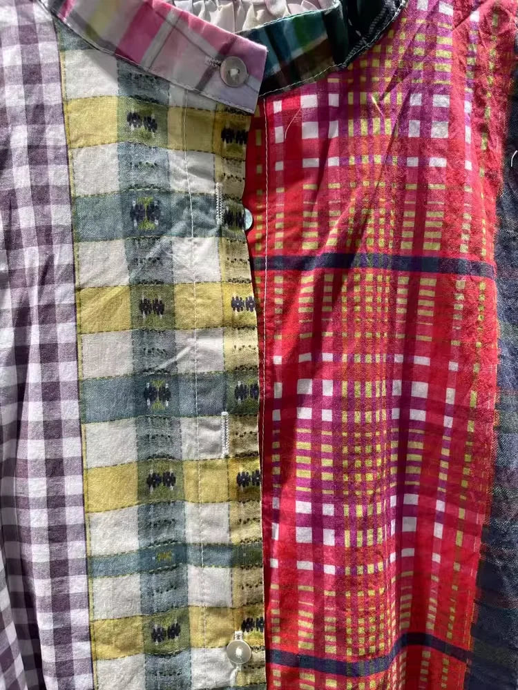 Women's plaid shirts casual 100% cotton long shirt dress for women Japan fashion short sleeve mid-length plaid patchwork shirt