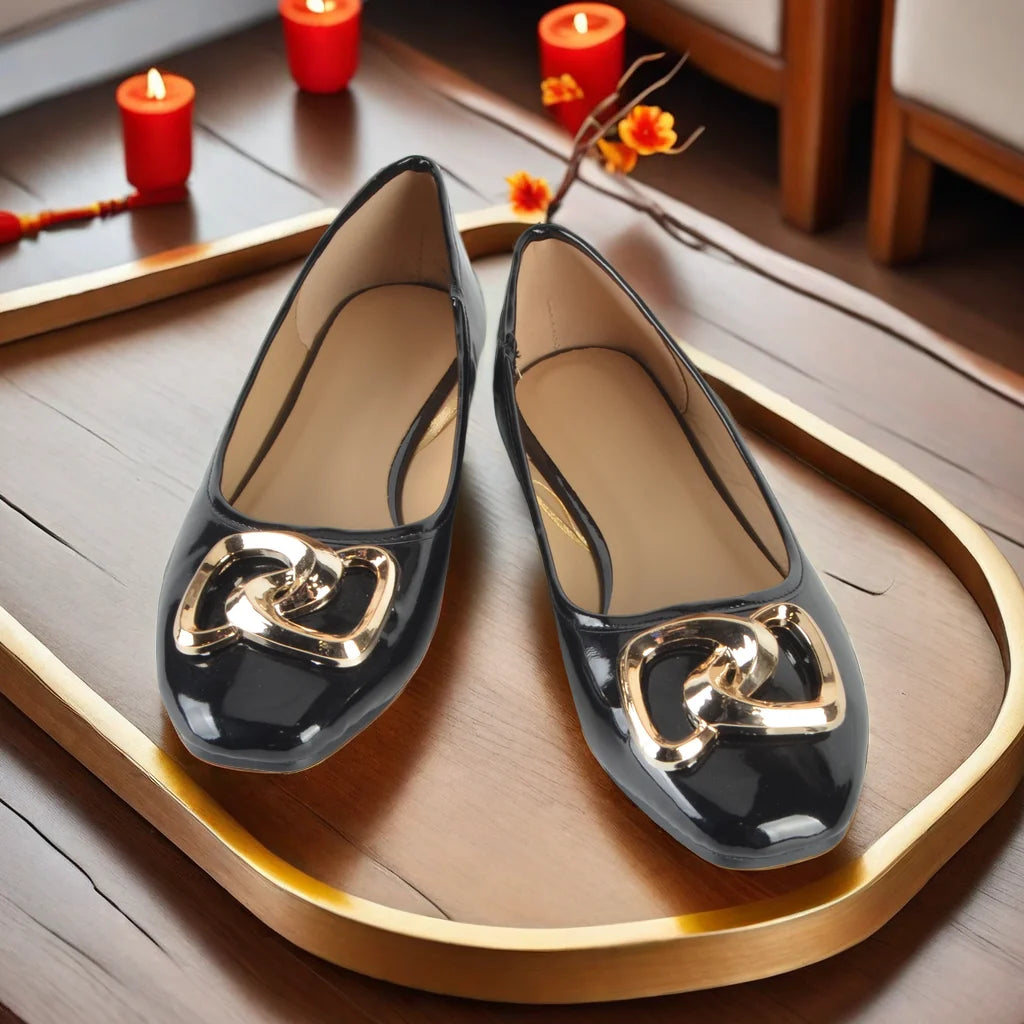 2024 Laidies Geometric Decoration  Comfortable Square Toe Flat  Casual  Spring Autumn Black  Patent faux leather Flat Ballerinas