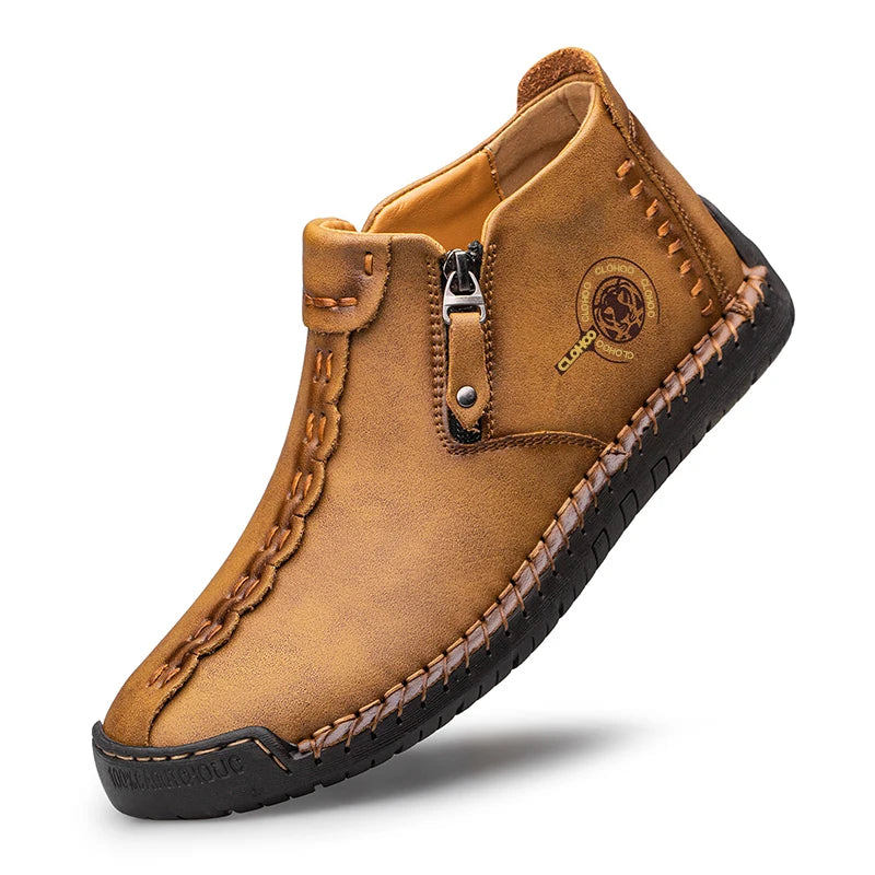 CLOHOO Hand-Sewn High-Top Men's Casual Shoes Comfortable Business Boots Solid Color Office Boots with Zipper