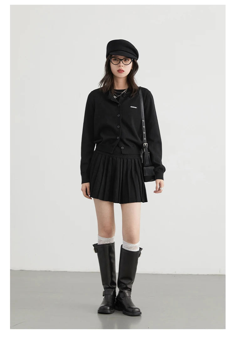 CHIC VEN Women Skirt Sets Solid Knitted Cardigan Short Sleeved Top Female Pleated Skirt Three Piece Optional Spring Autumn 2024