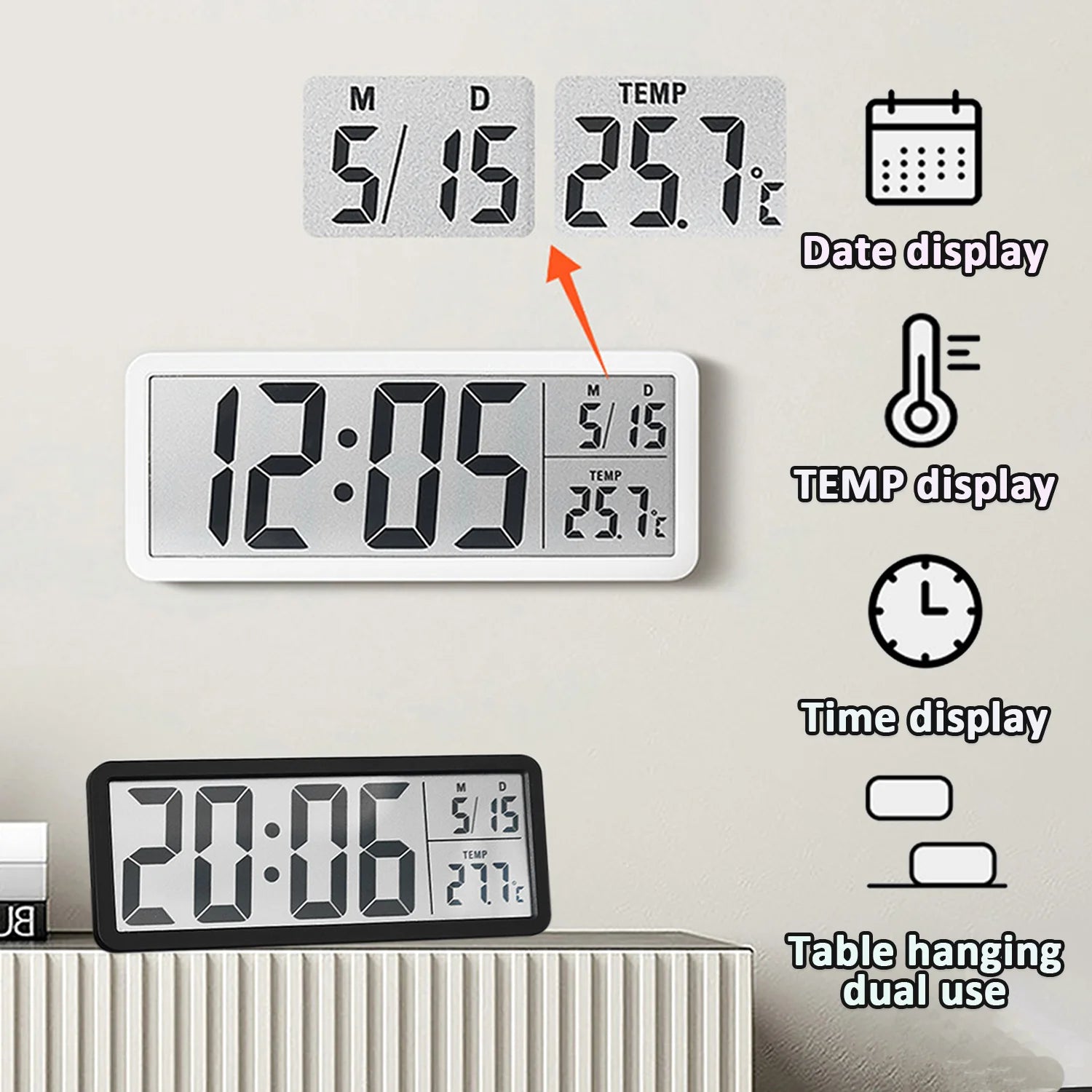 LCD Digital Wall Clock Time with Date Temperature Display Electronic Alarm Clock Modern Table Clock for Bedroom Home Decoration
